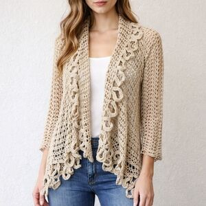 Boho Crochet Cardigan Creamy Beige Metallic Threading Floral Creamy Beige SZ M/L